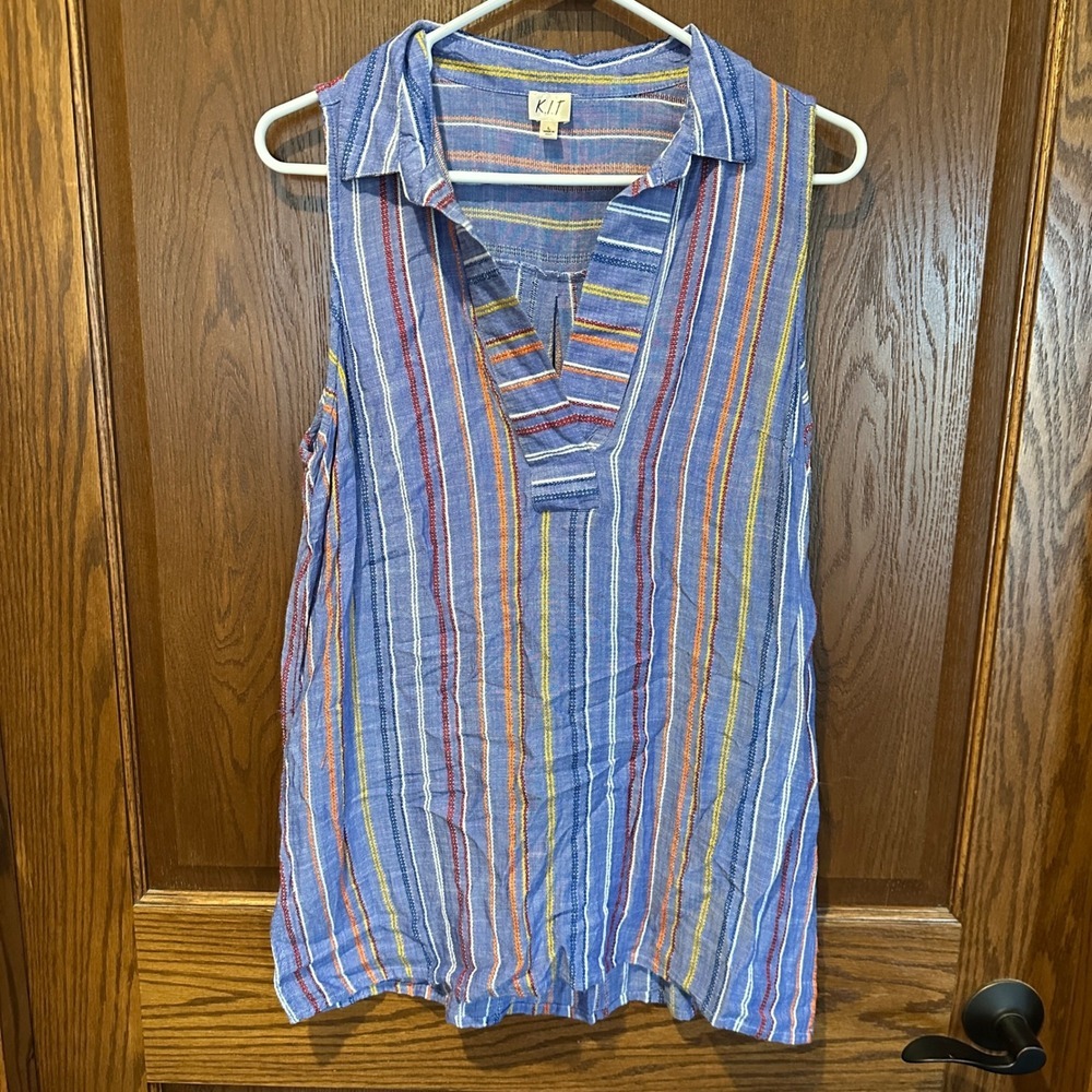 K.I.T. Women's Blue Striped Sleeveless Collared‎ Tunic Top Size L